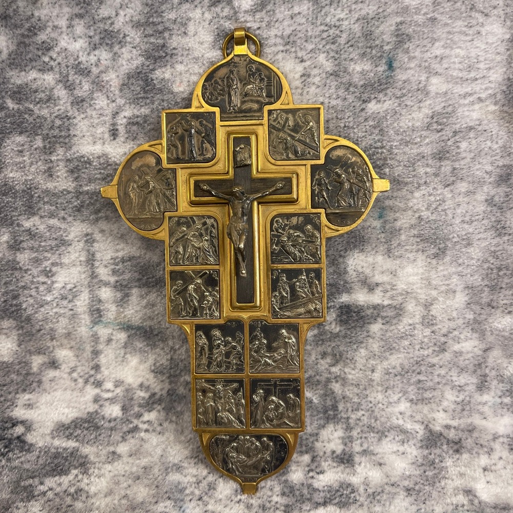 Vtg Brass 14 Stations of the Cross Crucifix Ornate Catholic Devotional Wall